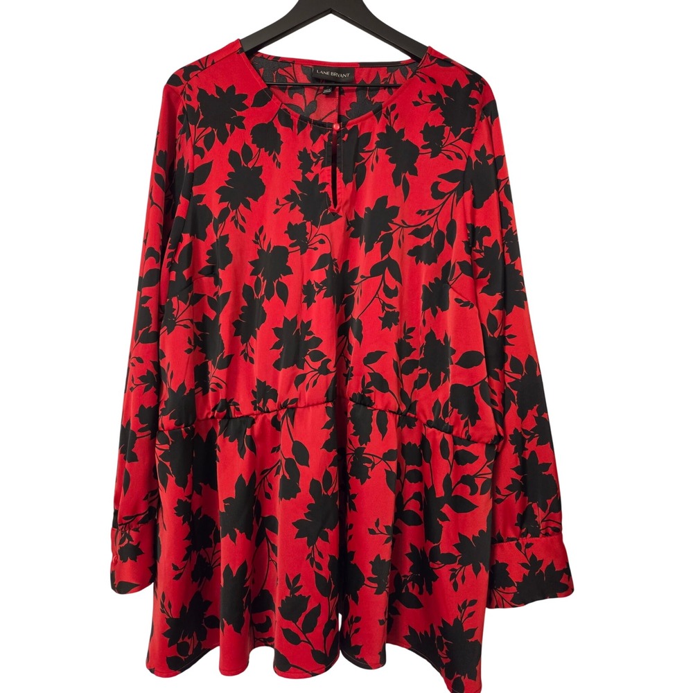 Lane Bryant Red Black Floral Babydoll Tunic Top Long Sleeve Keyhole Size 24 - Picture 2 of 5